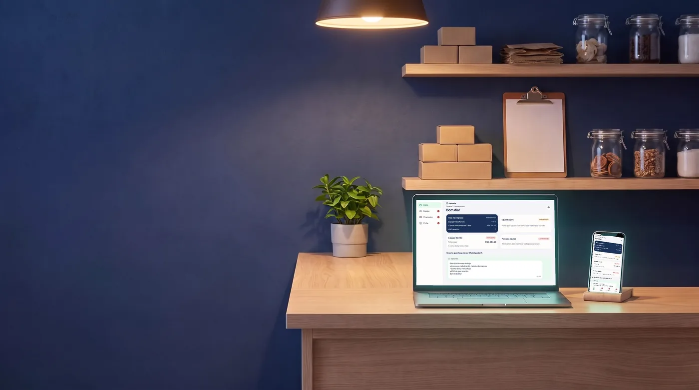 O balcão da loja: o notebook e o celular com as telas da EquipeGo, com dados fictícios