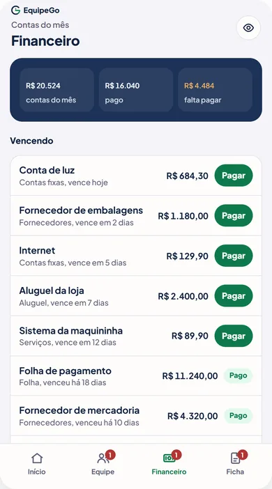 Tela do financeiro no celular, com as contas do mês (dados fictícios)
