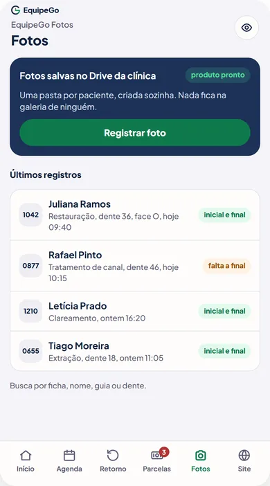 Tela das fotos de procedimento no celular (dados fictícios)