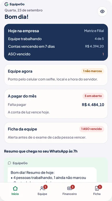 Tela inicial da EquipeGo no celular (dados fictícios)
