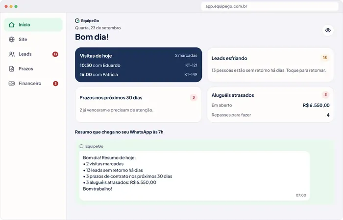 App da EquipeGo para imobiliárias no computador