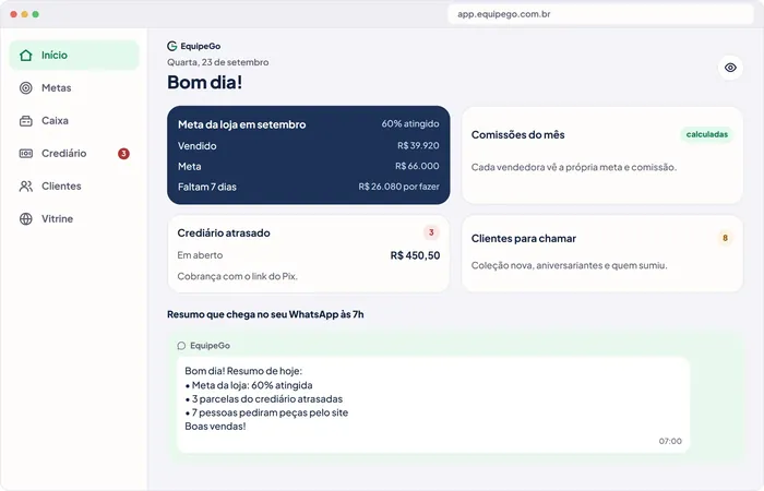 App da EquipeGo para lojas de roupas e calçados no computador